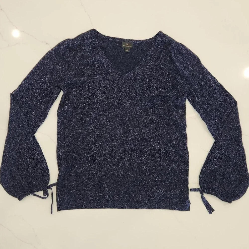 Worthington Sz M Sparkle Women Blouse Shirt Long Sleeve Blue Metallic Glam vneck - Picture 4 of 10